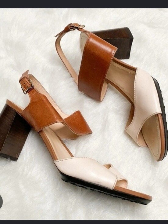 Tod's Shoes - Tod's 41/10 Womens Neutral Two-Tone Block Heel Sandals - Brown & Cream